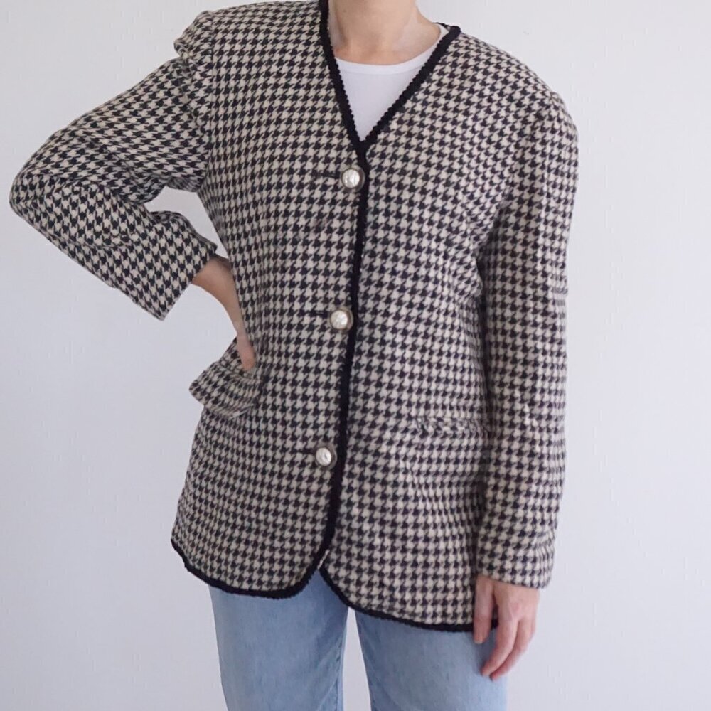 Vintage Norton Mcnaughton Cream Black Houndstooth 55% Wool Button Up Blazer 12